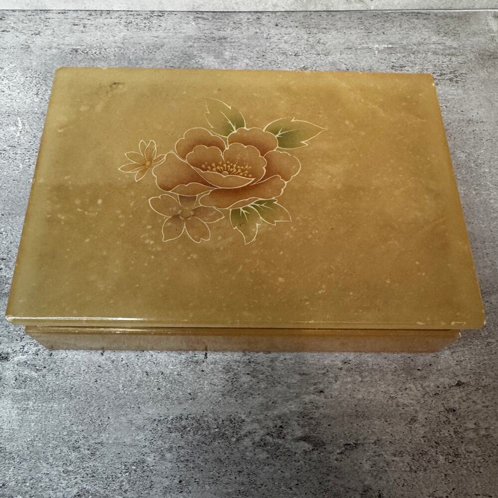 VTG Hinged Trinket Jewelry Box Roses Floral Alabaster Himark Giftware Made Italy